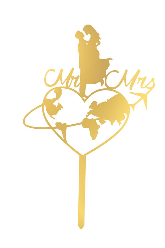 Gold mirror acrylic “Mr & Mrs” cake topper with world map, plane and couple silhouette
