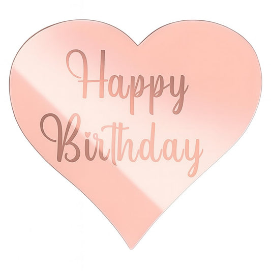 Rose gold heart-shaped acrylic cake topper with “Happy Birthday” text