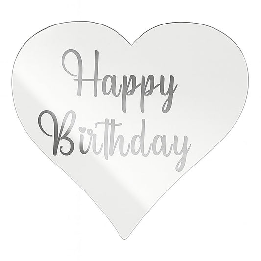 Silver heart-shaped acrylic cake topper with “Happy Birthday” text
