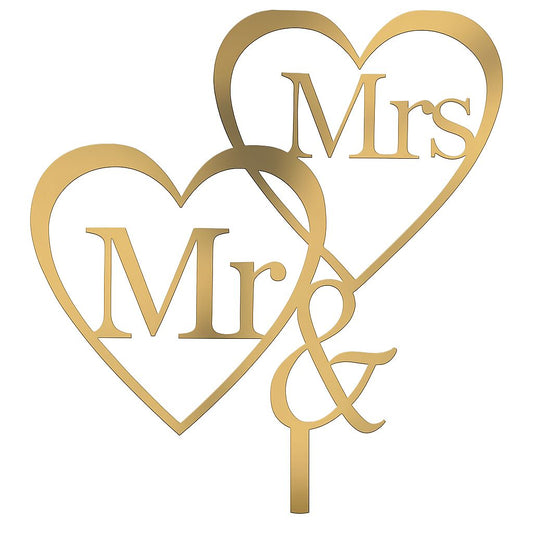 Gold acrylic “Mr & Mrs” cake topper with double heart mirror design