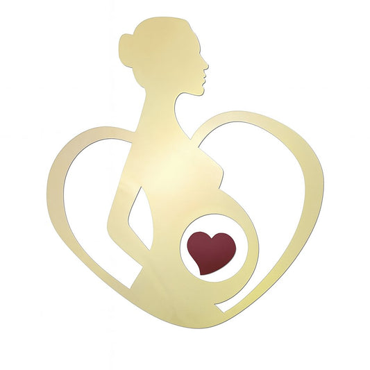 Gold acrylic cake topper featuring a pregnant woman silhouette in a heart shape with red heart detail on belly
