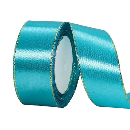 4 cm wide lake blue satin ribbon with gold edge