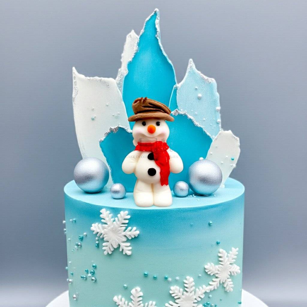 Blue winter cake decorated with a fondant snowman wearing a brown hat and red scarf, surrounded by snowflakes and silver baubles.