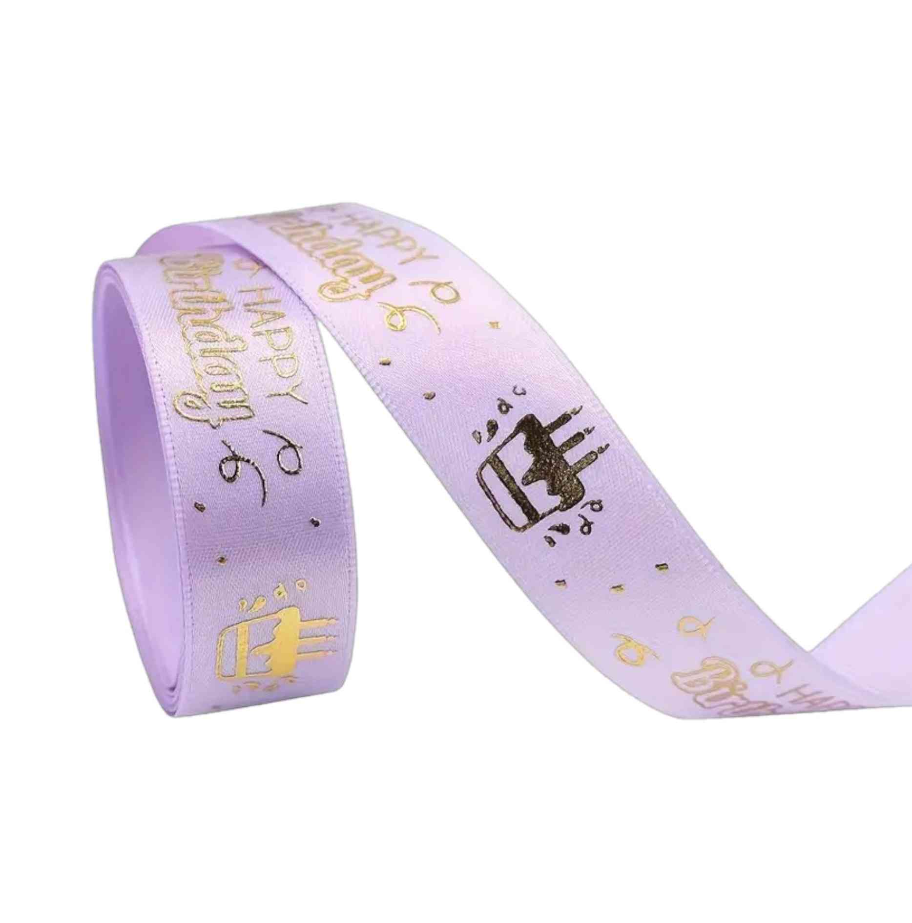 Lilac satin ribbon with gold Happy Birthday text and cake icons – 2 cm wide, perfect for cake boards and festive wrapping.