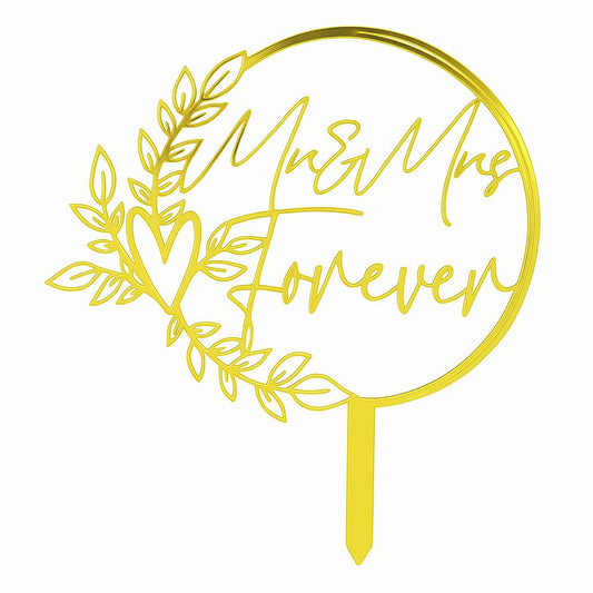 Gold mirror acrylic “Mr & Mrs Forever” cake topper with heart and leafy circular wreath design