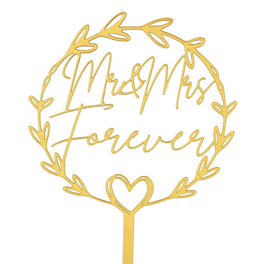 Gold mirror acrylic “Mr & Mrs Forever” cake topper with heart and leafy wreath design