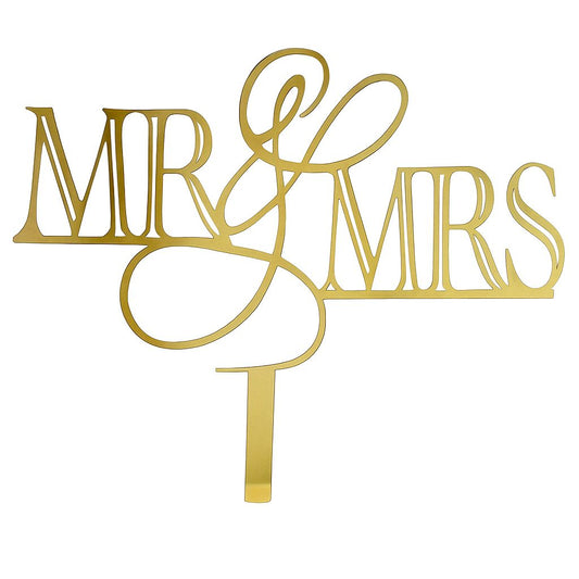 Gold mirror acrylic “Mr & Mrs” cake topper with elegant script design