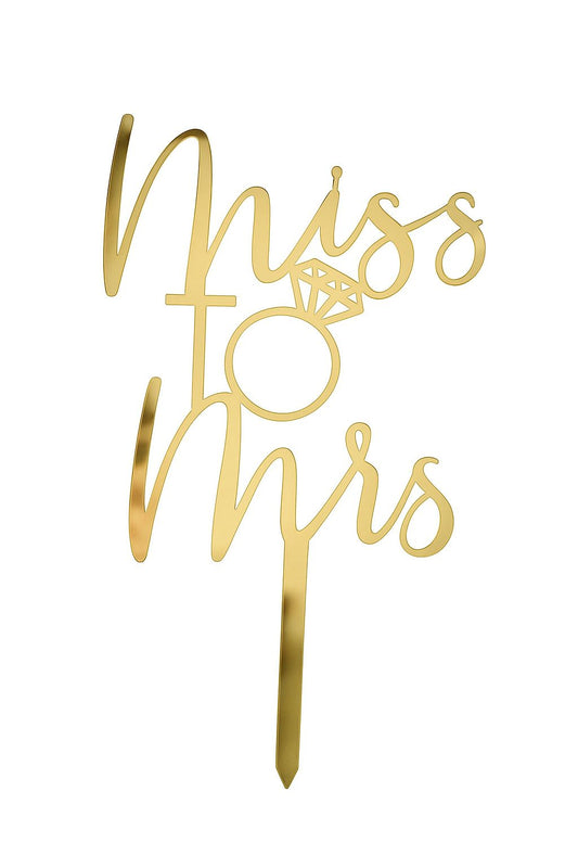 Gold mirror acrylic “Miss to Mrs” cake topper with engagement ring design