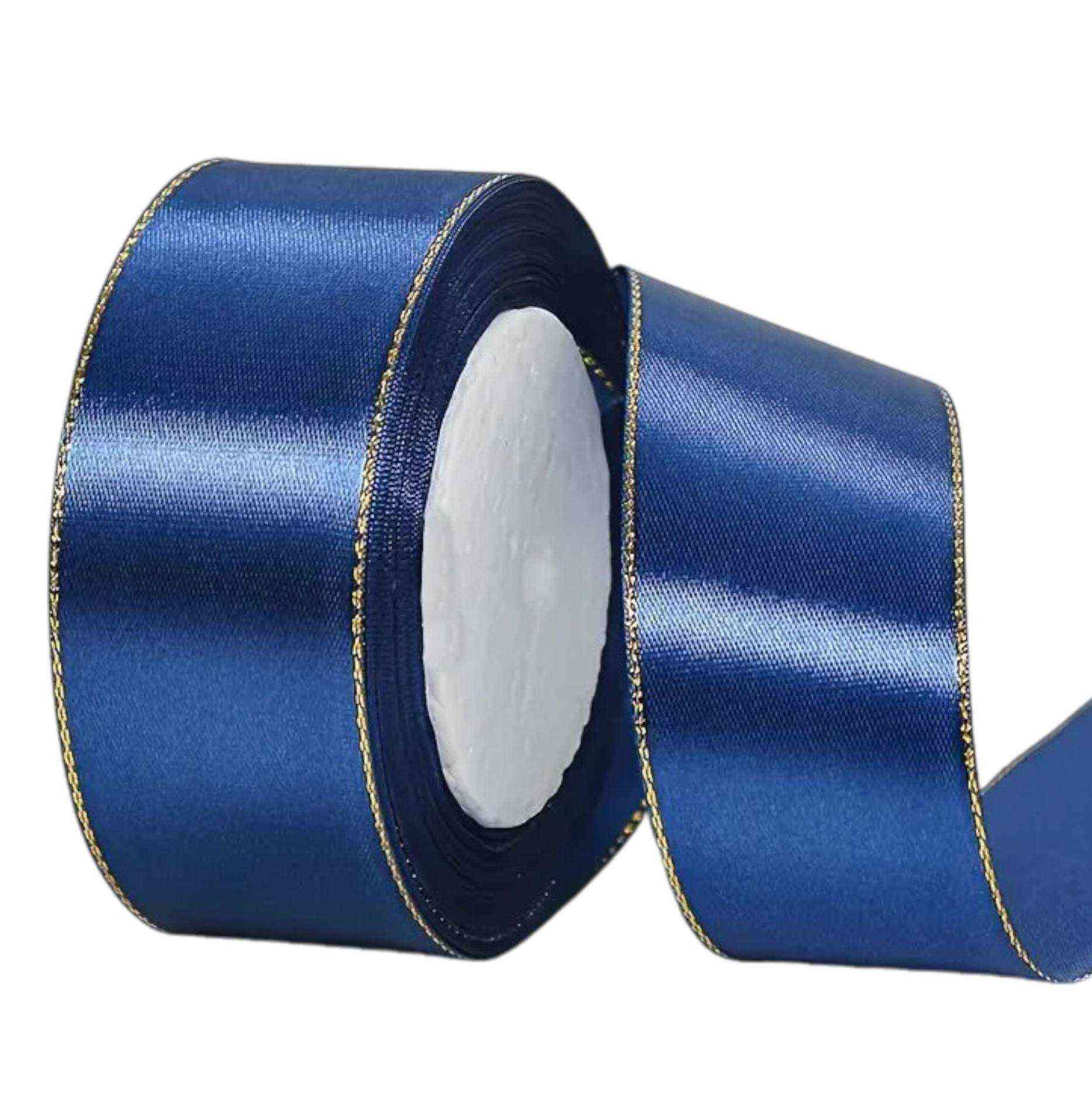 Navy blue satin ribbon with gold edge, 2.5 cm wide – ideal for elegant cakes, gifts and formal events.