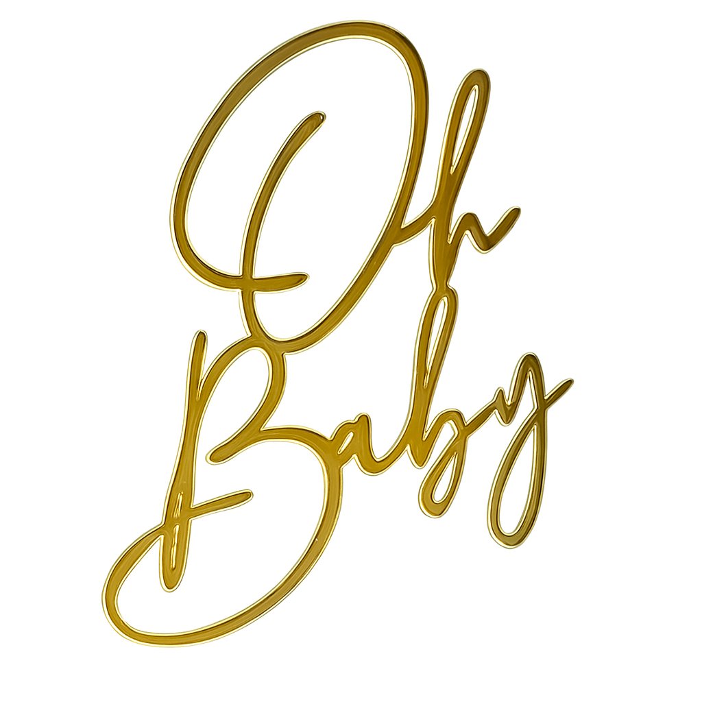Gold acrylic “Oh Baby” cake topper in elegant script