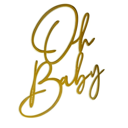 Gold acrylic “Oh Baby” cake topper in elegant script