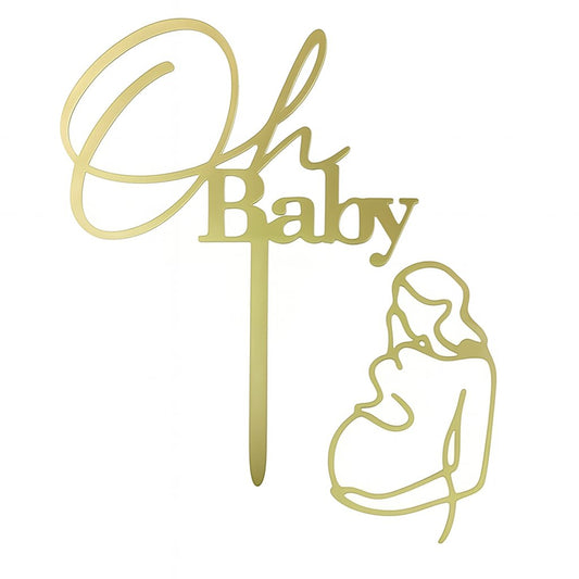 Gold acrylic “Oh Baby” cake topper with matching pregnant woman silhouette decoration