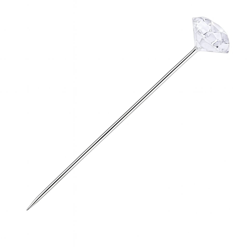 Clear diamond-head cake decorating pins used to secure satin ribbons around a cake