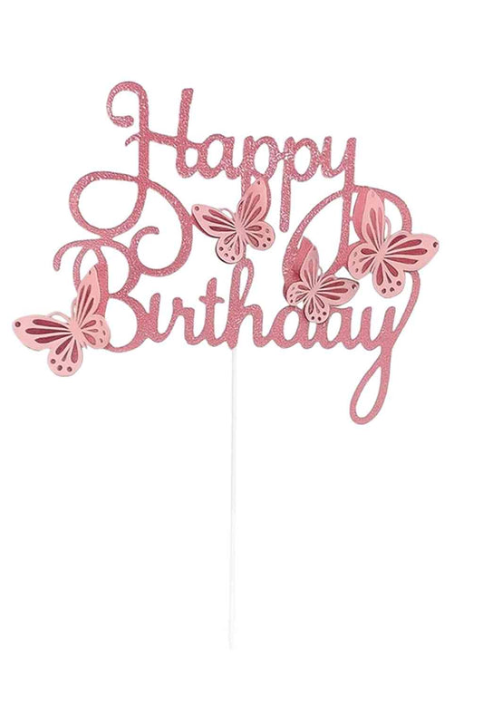 Pink glitter Happy Birthday cake topper with 3D butterflies and separate stick