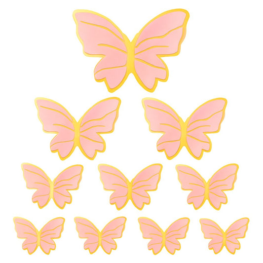 Pink paper butterfly cake decorations in various sizes, perfect for birthday cakes and themed celebrations.