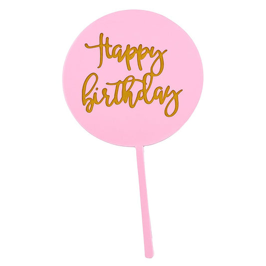 Pink plastic Happy Birthday cake topper with gold lettering