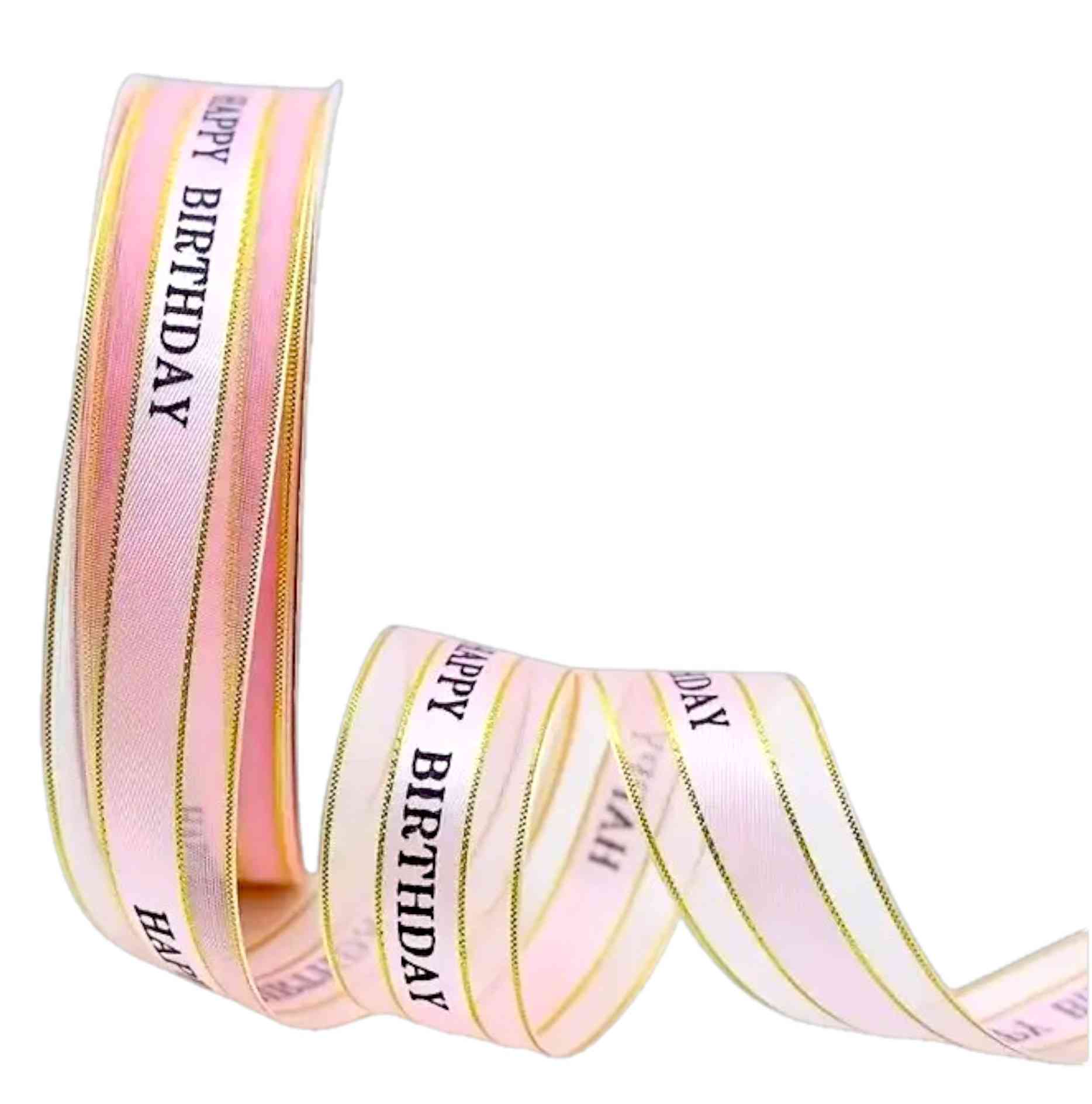 Pink mesh ribbon with gold edges and black Happy Birthday text – 2.5 cm wide, perfect for elegant birthday cakes and gifts.