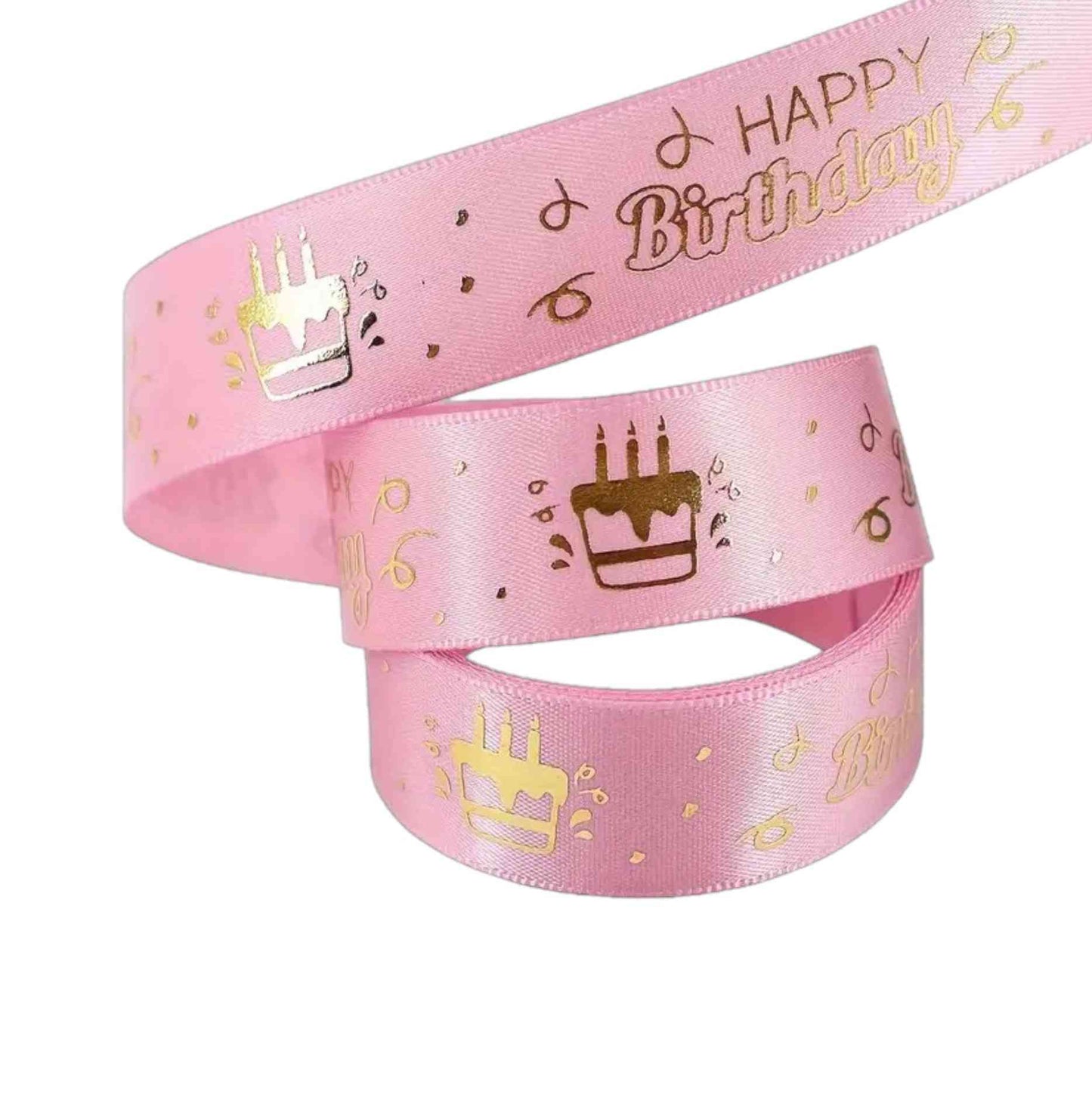 Pink satin ribbon with gold Happy Birthday text and cake icon – 2 cm wide, perfect for party cakes and gift wrapping.