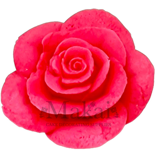Large hot‑pink fondant rose flower topper for wedding and Valentine cakes.