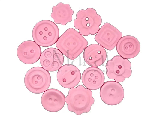 Pink fondant button set for baby shower cakes, newborn celebrations, and vintage-themed cake decorations.