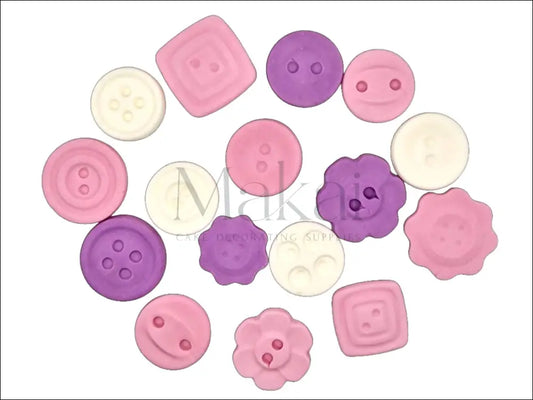 Pink, white, and lilac fondant button set for baby showers, gender reveals, and vintage cake decorations.