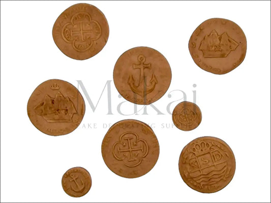 Pirate treasure coins fondant set with 8 detailed coins for cake decoration.