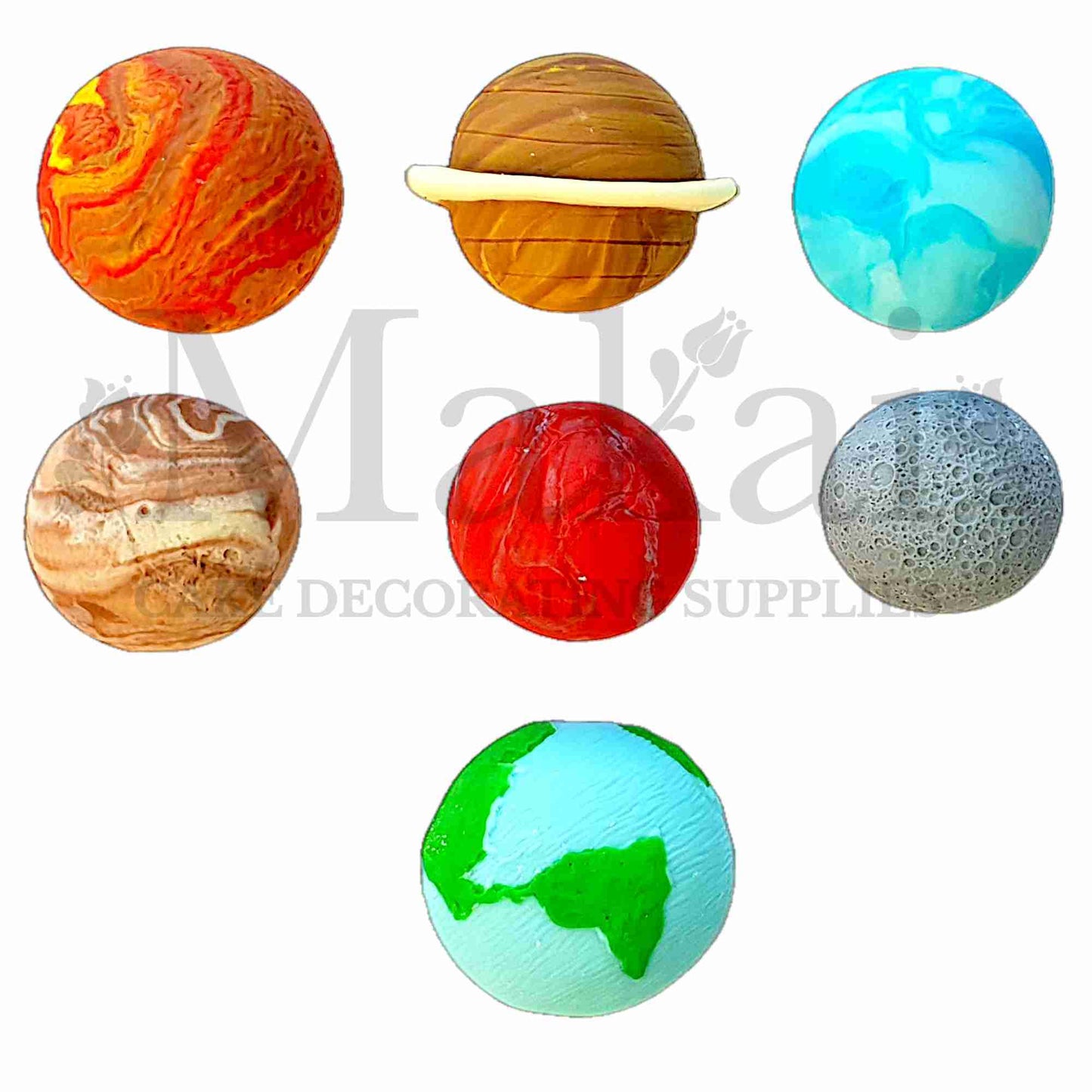 Set of seven edible fondant planet cake toppers, including Earth, Saturn, Mars, Jupiter, Moon, and other colourful planets, designed for space-themed birthday cakes and parties.