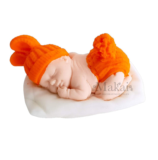 Edible fondant baby cake topper with orange pumpkin hat and blanket, Halloween or autumn theme decoration
