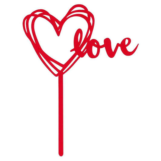 Red acrylic cake topper with hand-drawn heart and “love” text