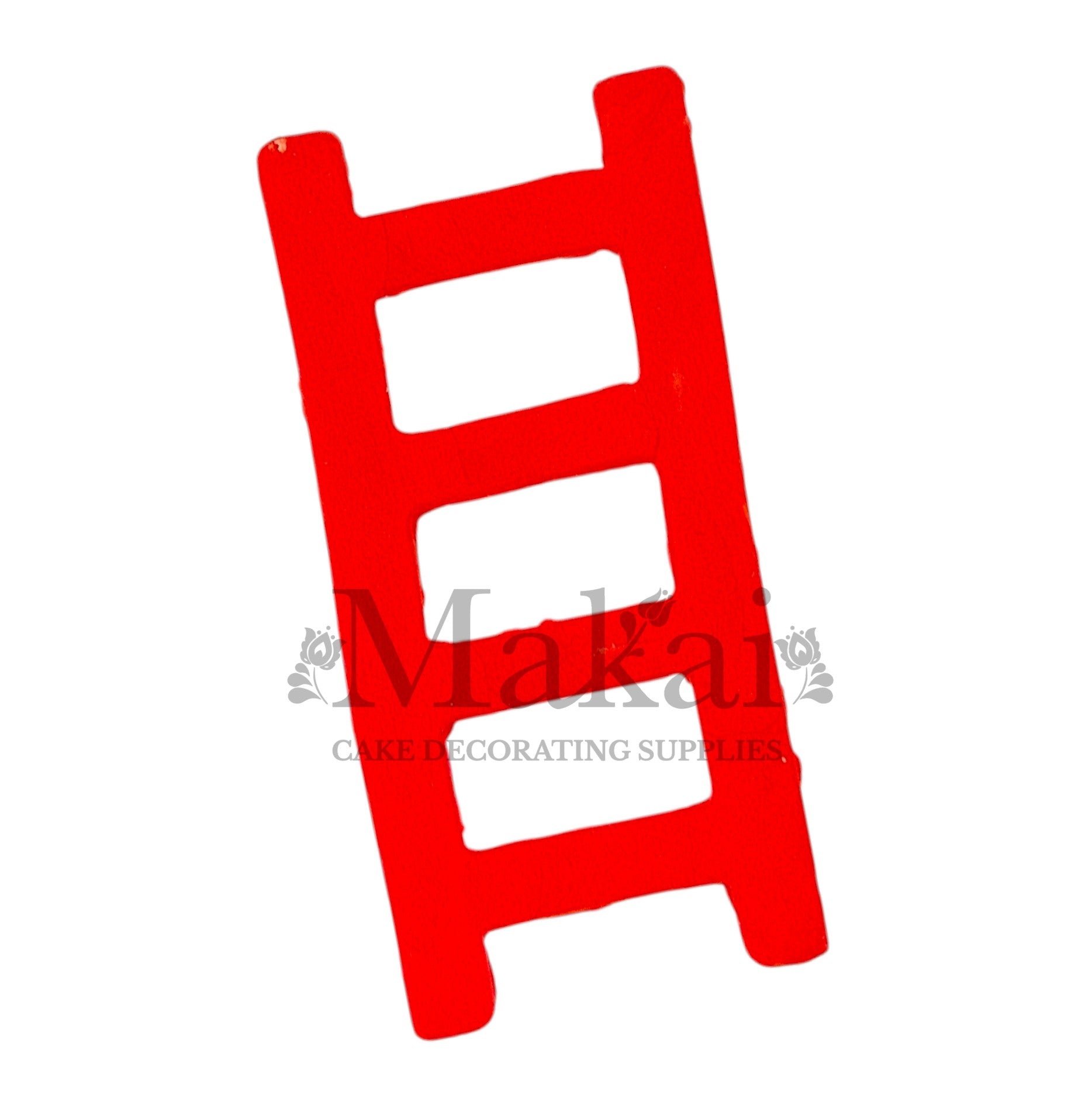 Bright red fondant ladder cake topper for fire‑engine and superhero cakes.