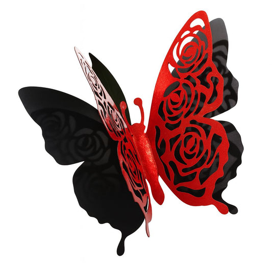 Red glitter acrylic butterfly cake topper with rose cut-out design in wings, 11.5 × 9.7 cm size