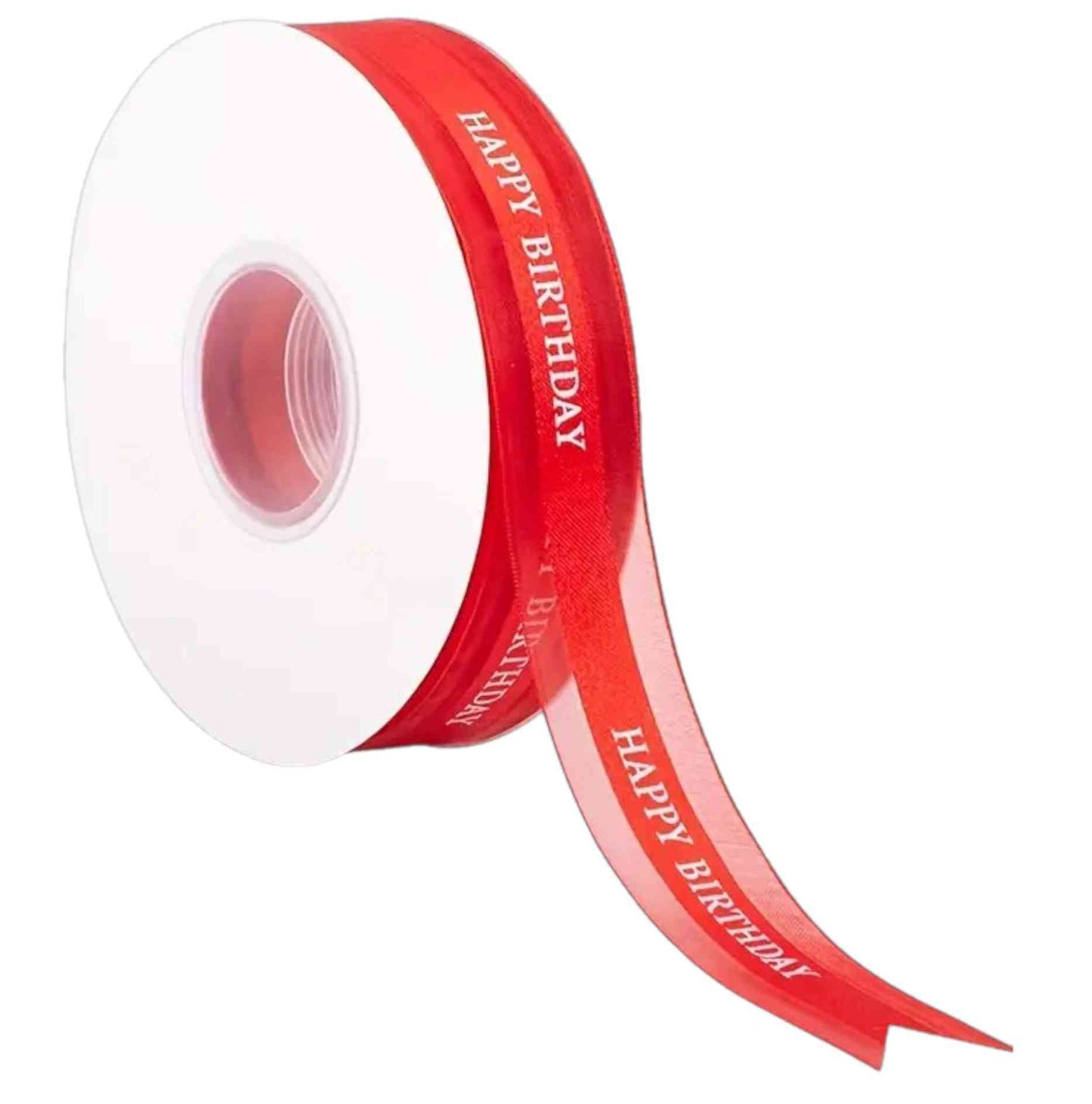Red mesh ribbon with white Happy Birthday text – 2.5 cm wide, ideal for festive cakes and decorations.
