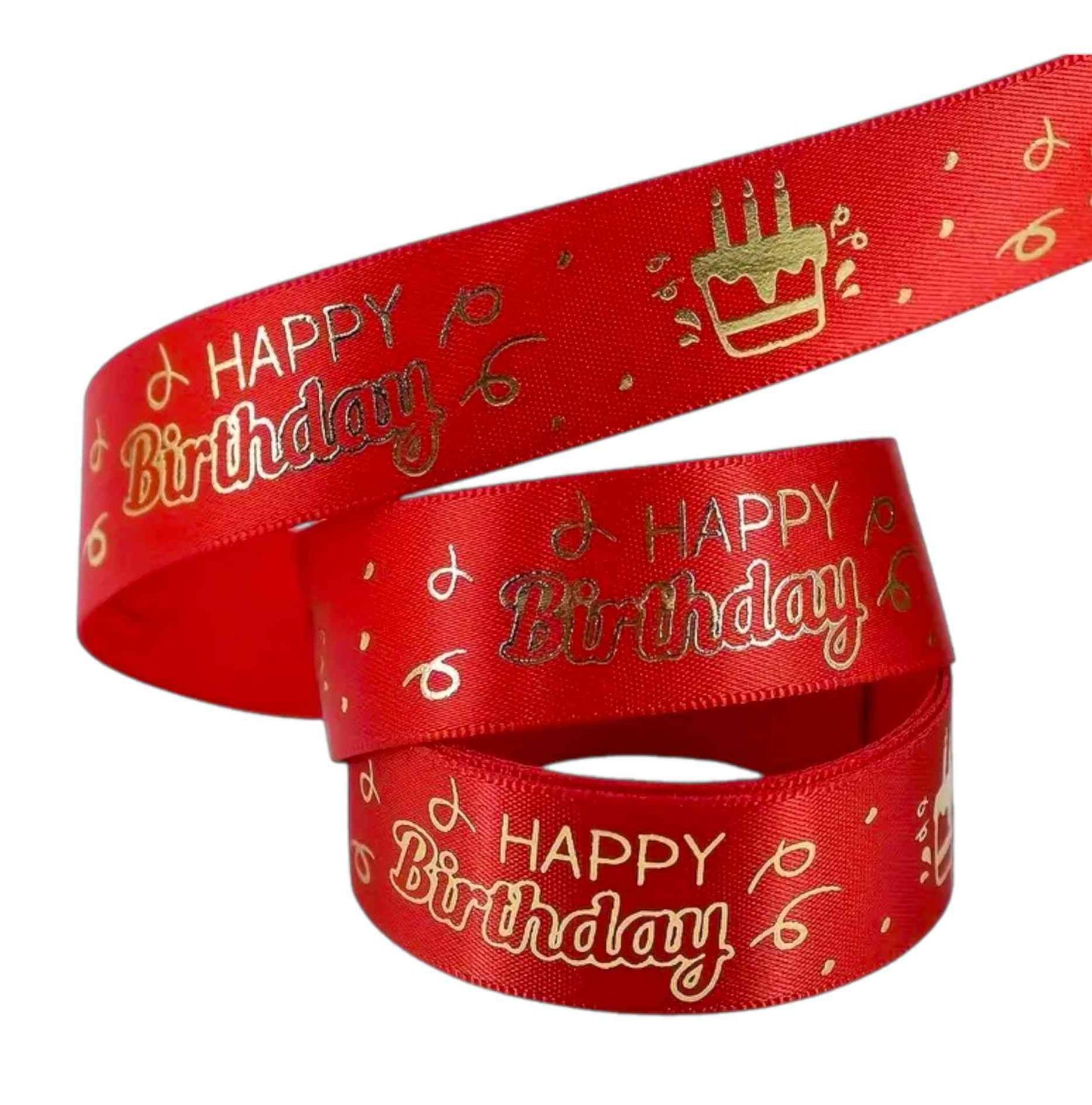 Red satin ribbon with gold Happy Birthday text and cake icons – 2 cm wide, ideal for festive cake decoration and gift wrapping.