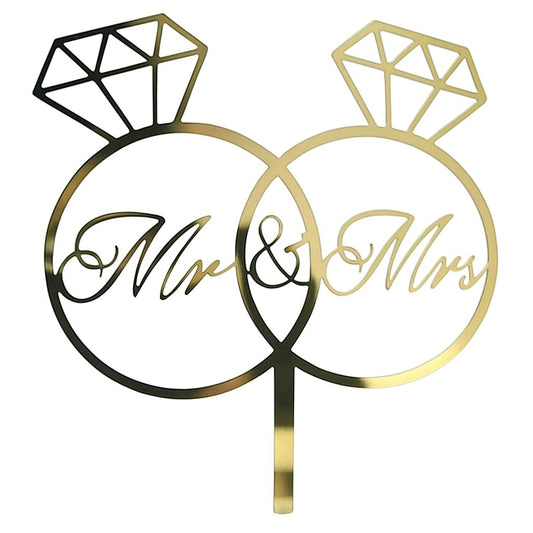 Gold mirror acrylic “Mr & Mrs” cake topper with interlocking diamond ring design