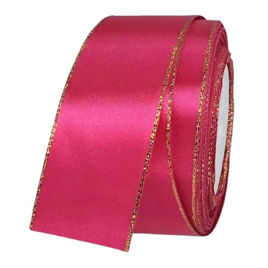 4 cm wide rose red satin ribbon with gold edge