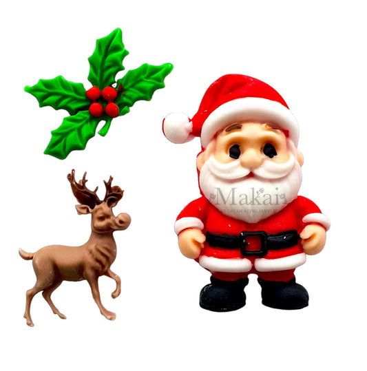 Edible fondant Santa and reindeer cake toppers with holly leaf – Christmas cake decoration by Makai Cake Decorating Supplies.