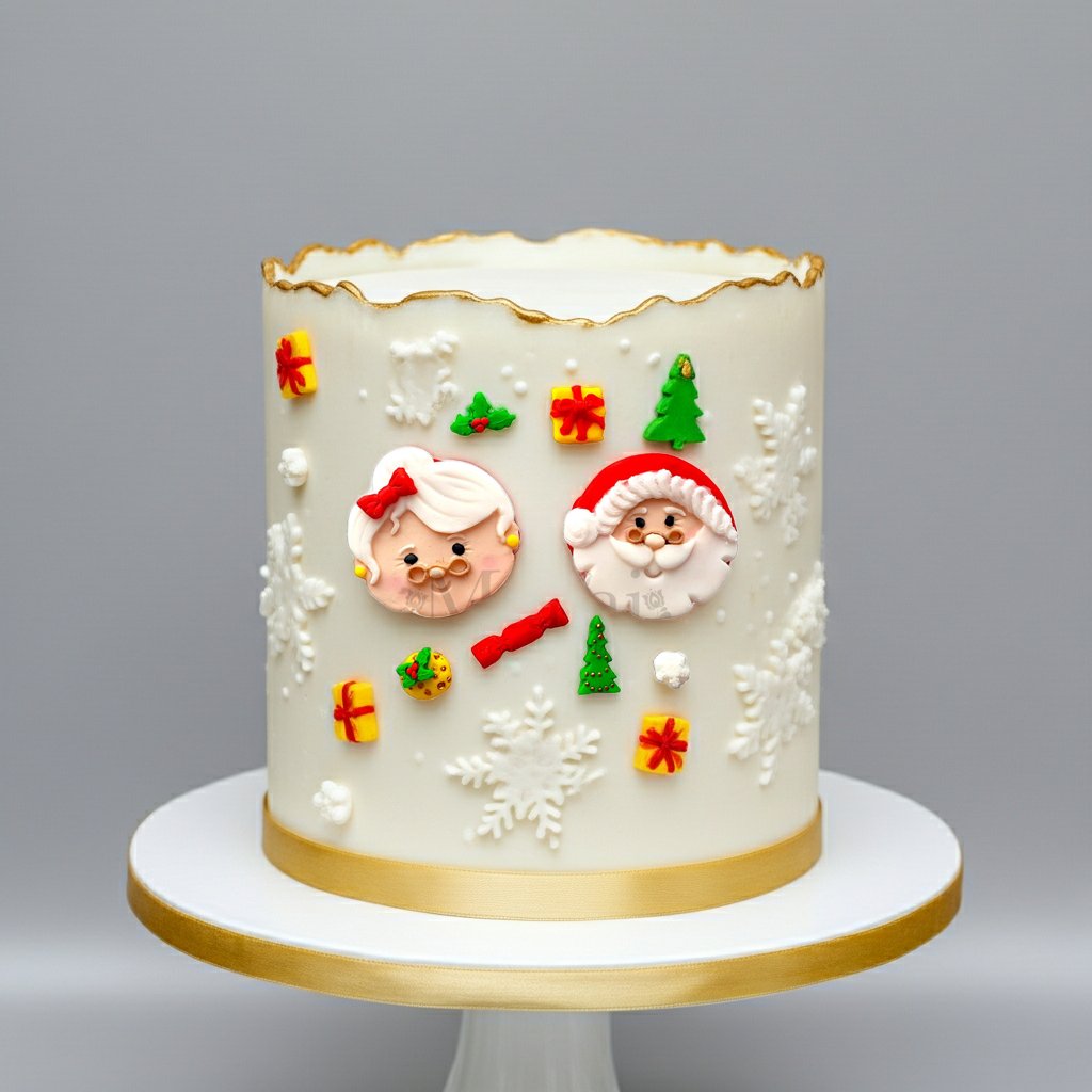 Christmas cake decorated with Santa and Mrs Claus fondant toppers, gold snowflakes and festive details on a white background.
