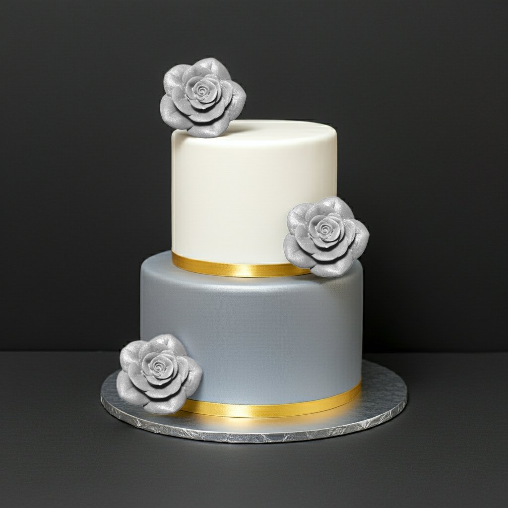 Silver Cake Ribbon Silver Rose Fondant Flower Cake Topper – Large | Makai Cake Decorating ...