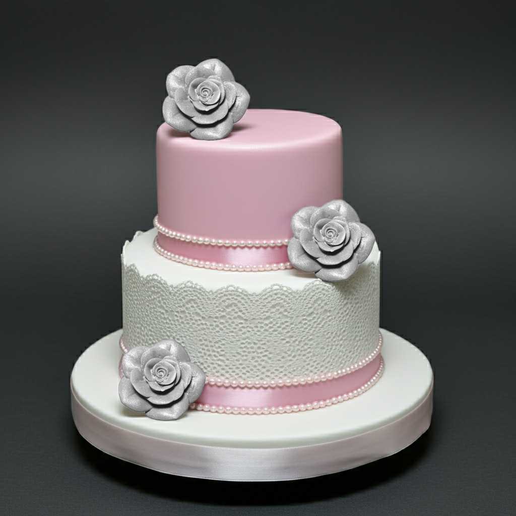 Romantic two-tier pink and white cake decorated with edible silver fondant roses and pearl details
