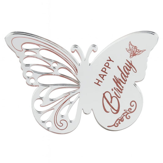Silver mirror acrylic butterfly cake topper with engraved “Happy Birthday” message and elegant cut-out wings