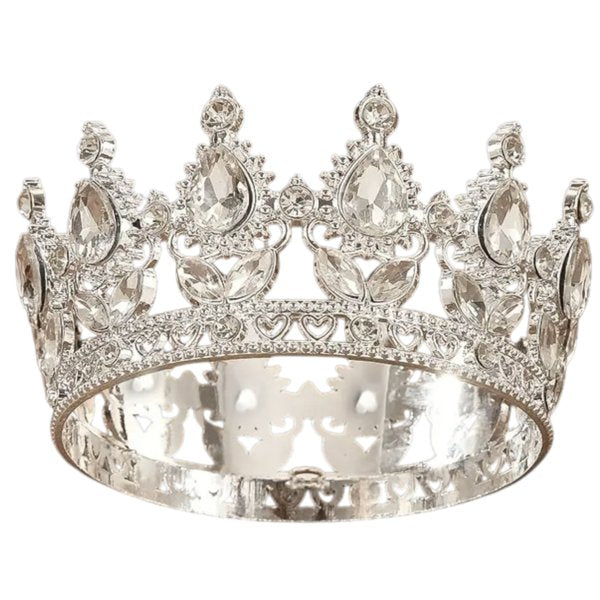 Large silver cake topper crown with teardrop crystals and heart design