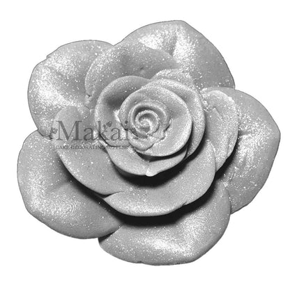 Large silver rose fondant flower cake topper with shimmering petals – elegant decoration for wedding, birthday or anniversary cakes.