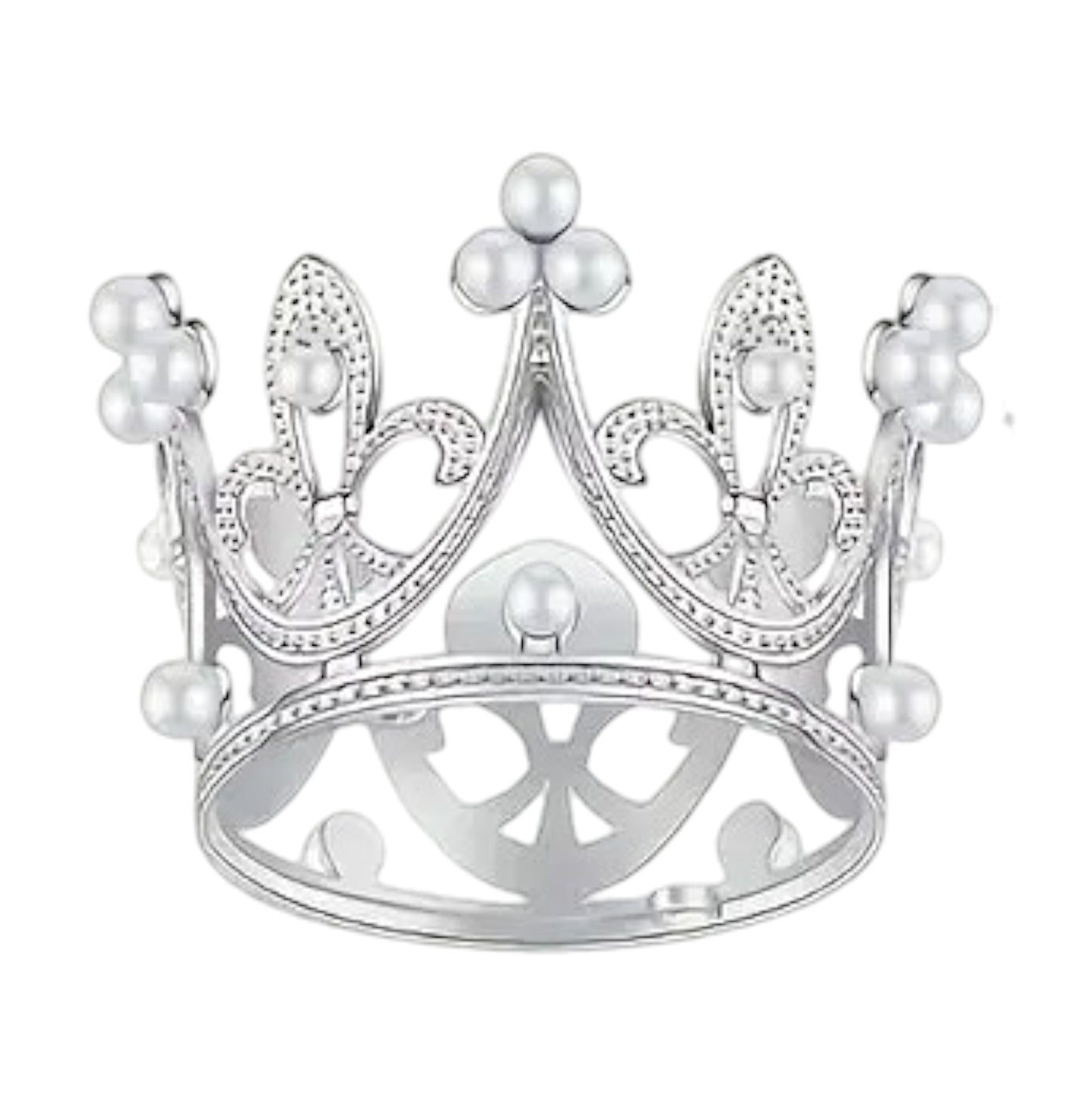 Silver crown cake topper with pearls on white background