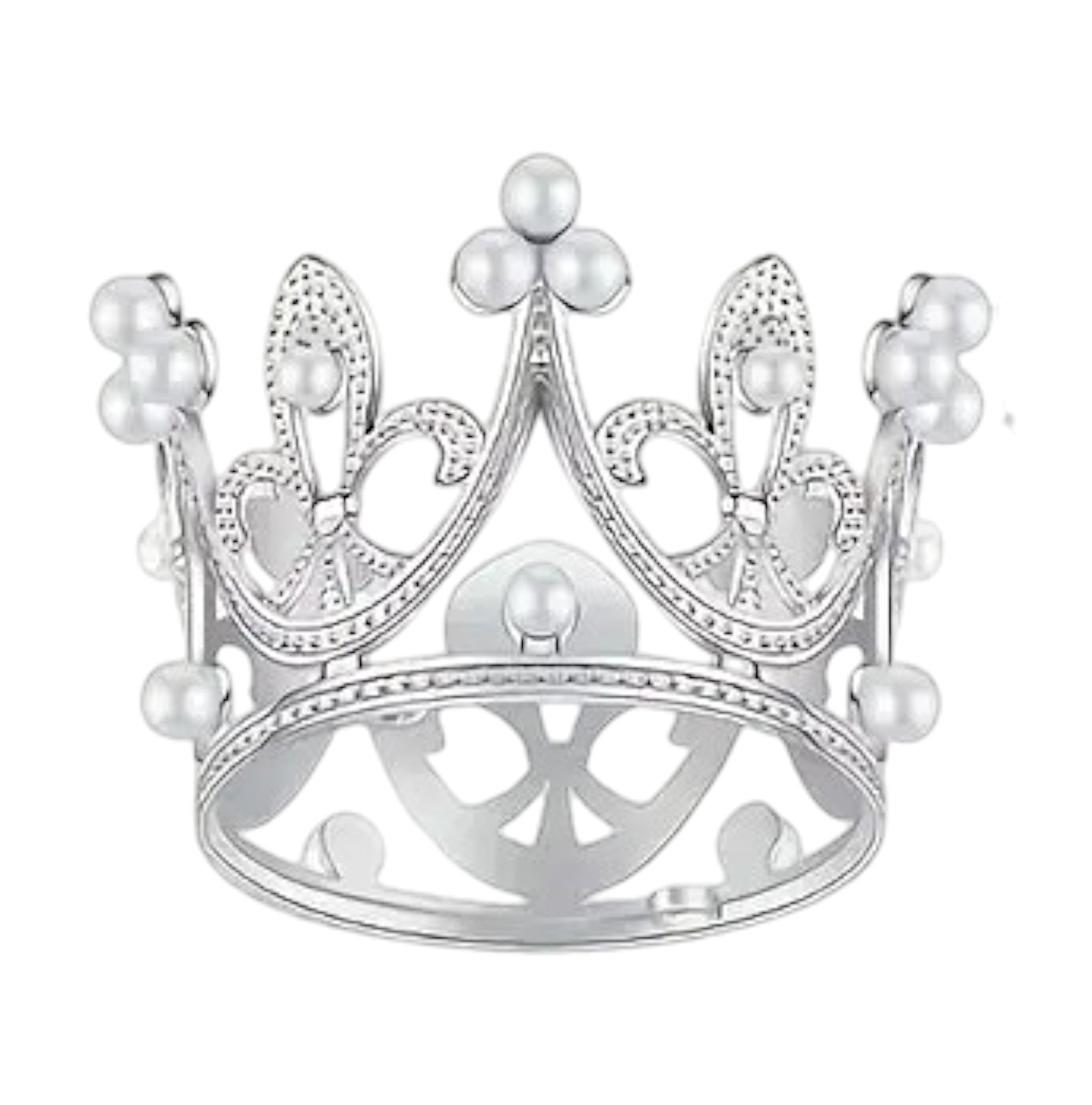 Silver crown cake topper with pearls on white background