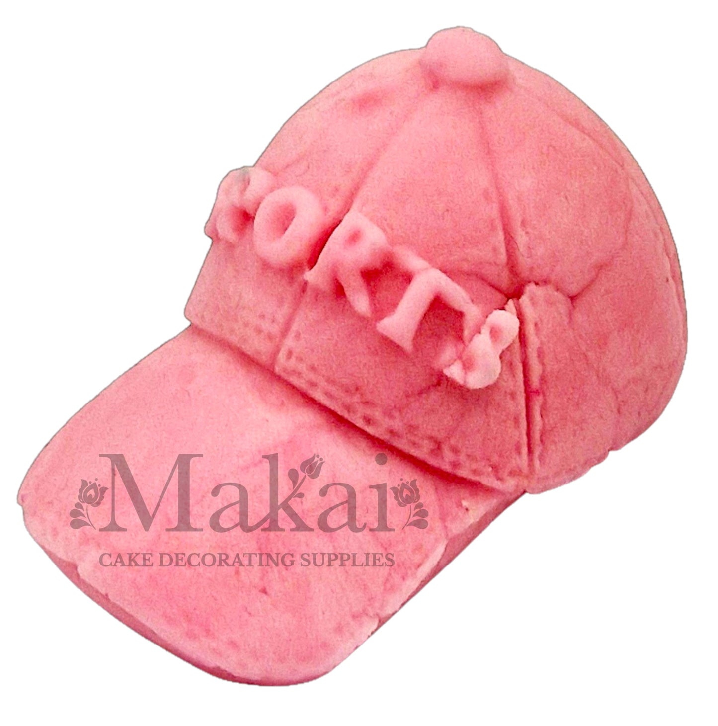 Baby‑pink fondant sport cap topper for baby‑shower and pastel cakes.