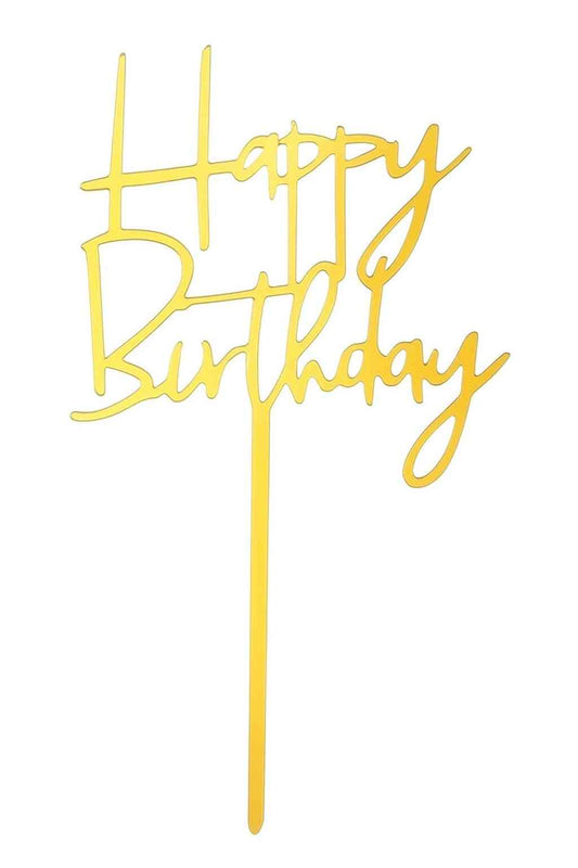 Gold acrylic Happy Birthday cake topper with tall, modern script design