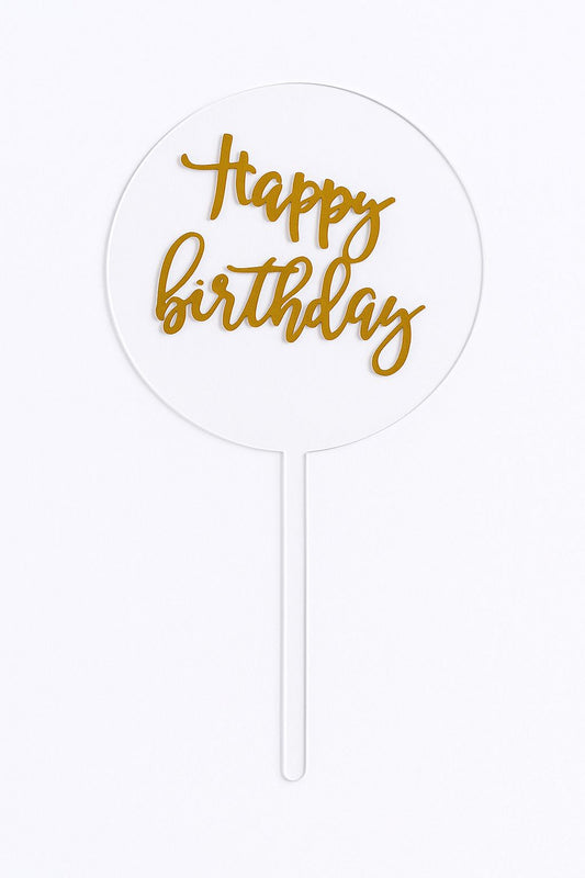 Transparent plastic Happy Birthday cake topper with gold lettering