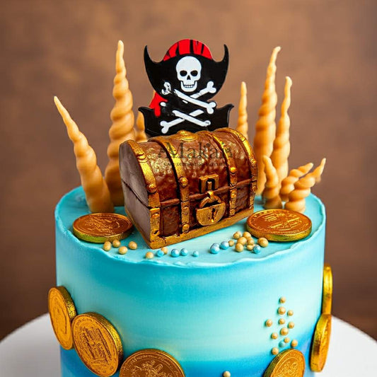 Edible pirate treasure chest cake topper with gold coins and nautical details, handmade from fondant — perfect for pirate-themed birthday cakes. Makai Cake Decorating Supplies.