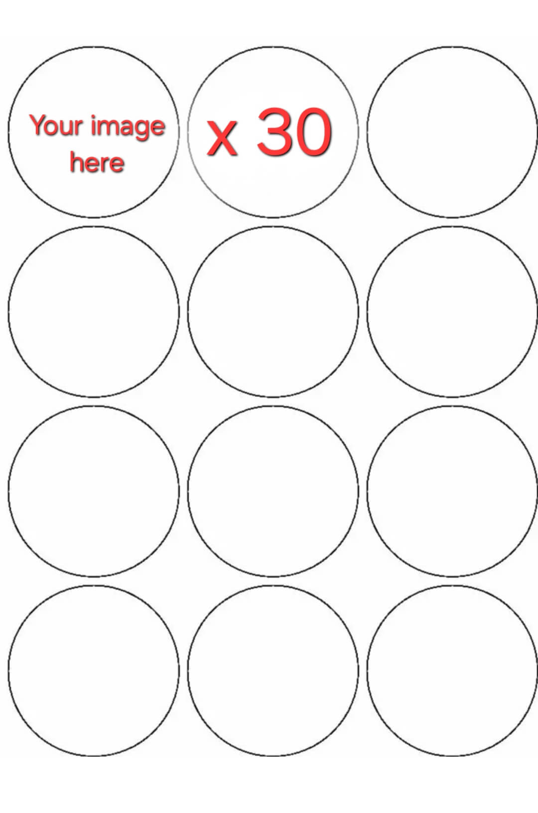 30 Small Circles edible print template with 'Your Image Here' text, indicating customizable wafer or icing sheet for cakes and desserts.