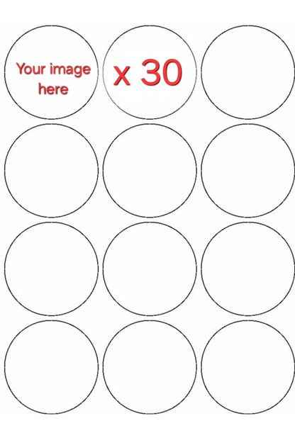 30 Small Circles edible print template with 'Your Image Here' text, indicating customizable wafer or icing sheet for cakes and desserts.